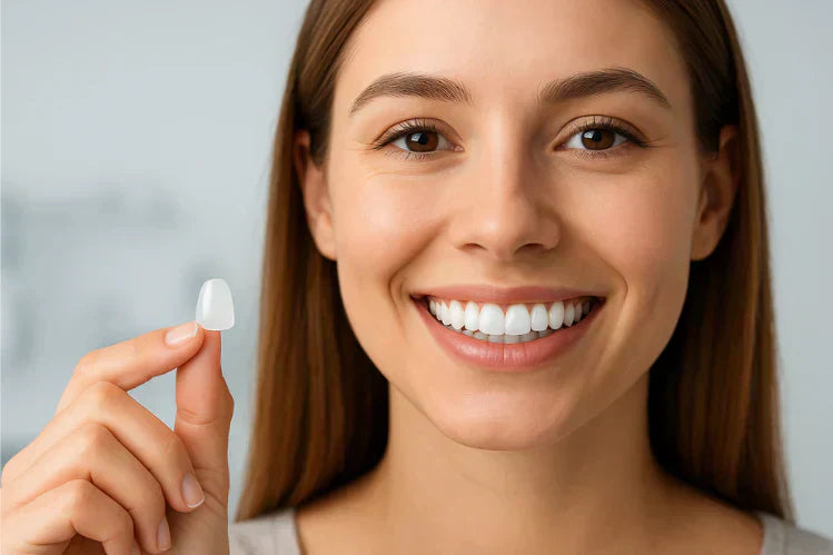 Uma menina está a segurar uma faceta sem preparação.