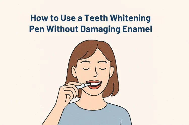 Uma rapariga a usar uma caneta branqueadora de dentes