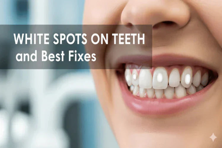 Uma pessoa a sorrir, mostrando manchas brancas nos dentes.