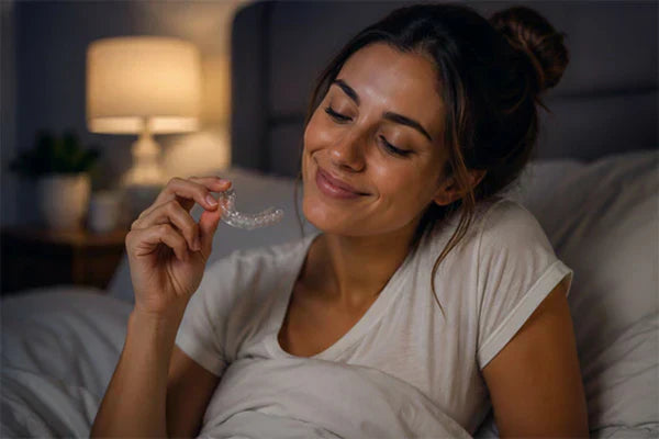 Uma mulher na cama a segurar protetores noturnos