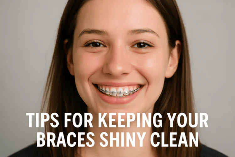 Uma rapariga com aparelho brilhante nos dentes, a sorrir.