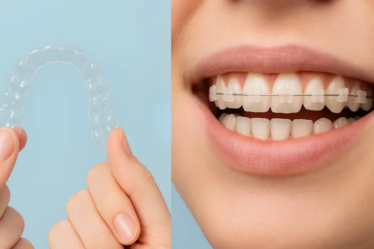 Comparação lado a lado de aparelhos ortodônticos brancos e alinhadores transparentes.