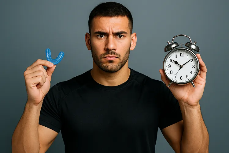 Um atleta a segurar um protetor bucal numa mão e um relógio na outra para representar o tempo de utilização do protetor bucal