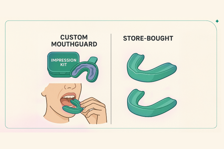 Uma ilustração do protetor bucal ALIGNERCO juntamente com os essenciais de limpeza.