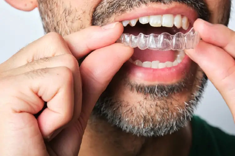 A close-up of a man applying retainers.