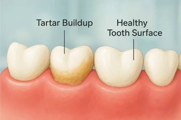 Ilustração de grande plano que mostra a acumulação de tártaro nos dentes, junto à linha da gengiva.