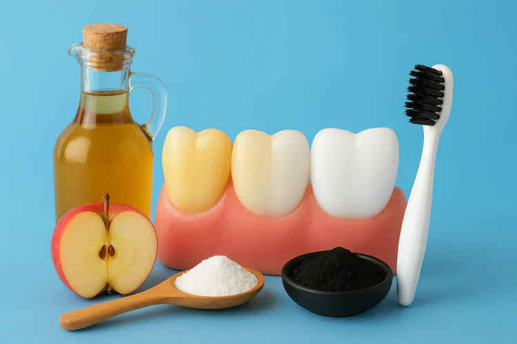 Transição de dentes amarelados para brancos com branqueamento caseiro, incluindo óleo, carvão e bicarbonato de sódio.
