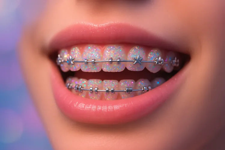 Aparelhos falsos brilhantes e cintilantes nos dentes de uma menina.