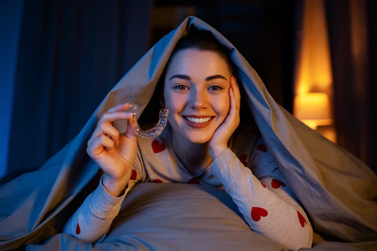 Uma menina a segurar um protetor noturno antes de dormir.